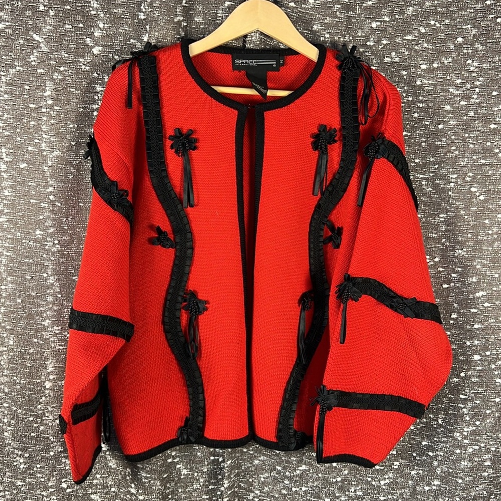 Spree International Red Cardigan Sweater with Black Ribbon and Bows‎